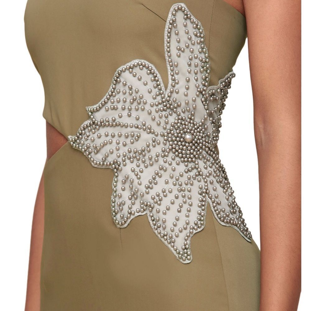 Avec Les Filles One Shoulder Olive Dress with Silver Detail - Picture 3 of 10